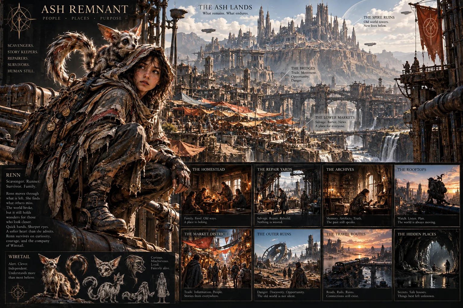 Ash Remnant panoramic illustrated board showing Renn, Wiretail, marketplaces, ruined cities and places survivors rebuild