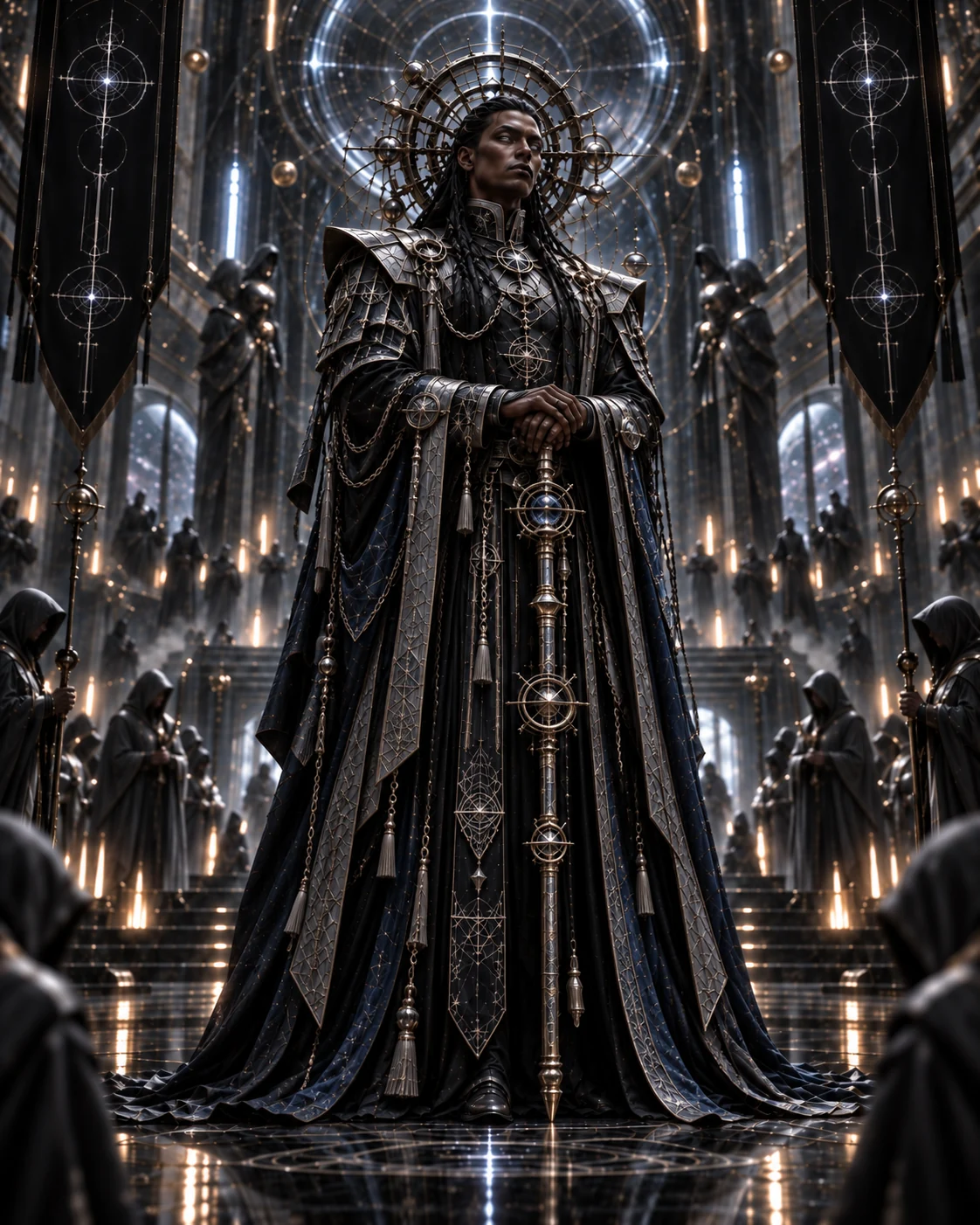 Black-robed high priest bearing an intricate celestial staff before circular gold-and-steel architecture