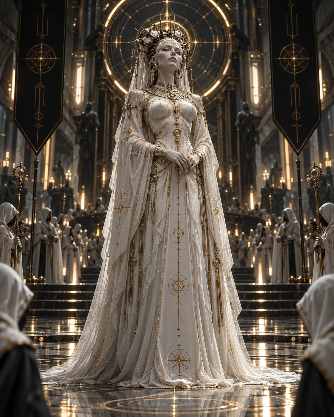 Regal white-robed celestial figure standing beneath a luminous mechanical halo in a grand ceremonial hall