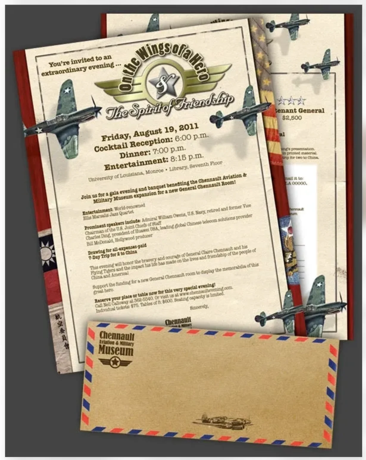 Layered gala invitation and airmail-style envelope featuring historic aviation artwork