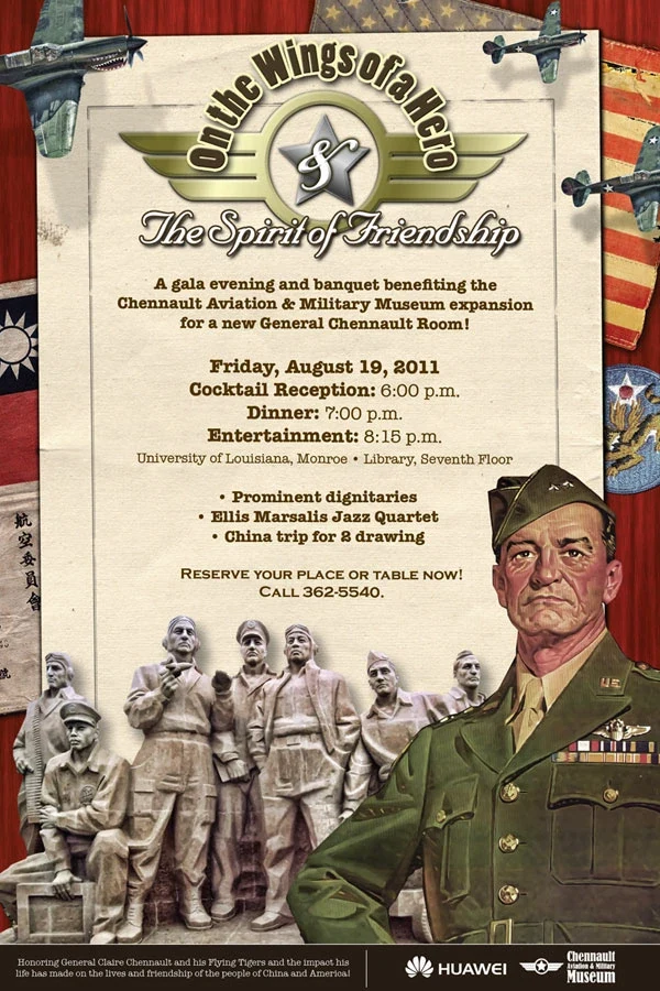 Original 2011 On the Wings of a Hero gala print poster, with Claire Chennault illustration, Flying Tigers imagery, event identity and invitation details
