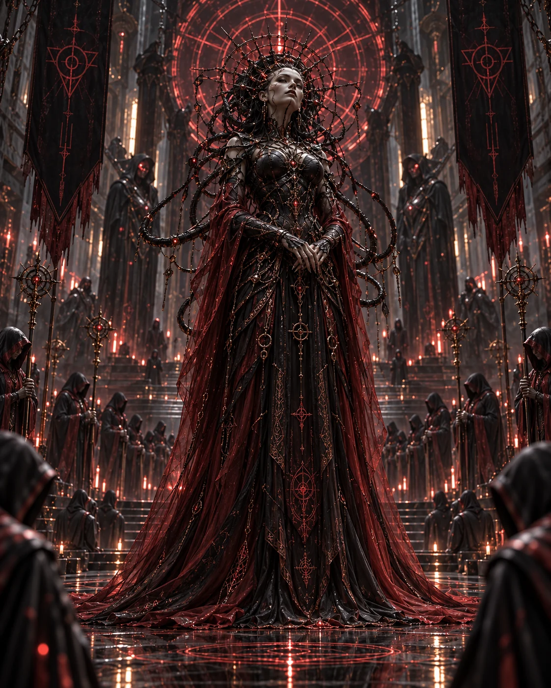 Crimson-and-black cybernetic queen beneath a radiant red architectural halo