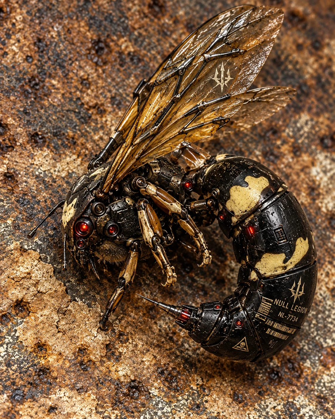 Tiny insect-like mechanical surveillance wasp with metallic wings and a red optical sensor on a rusted surface
