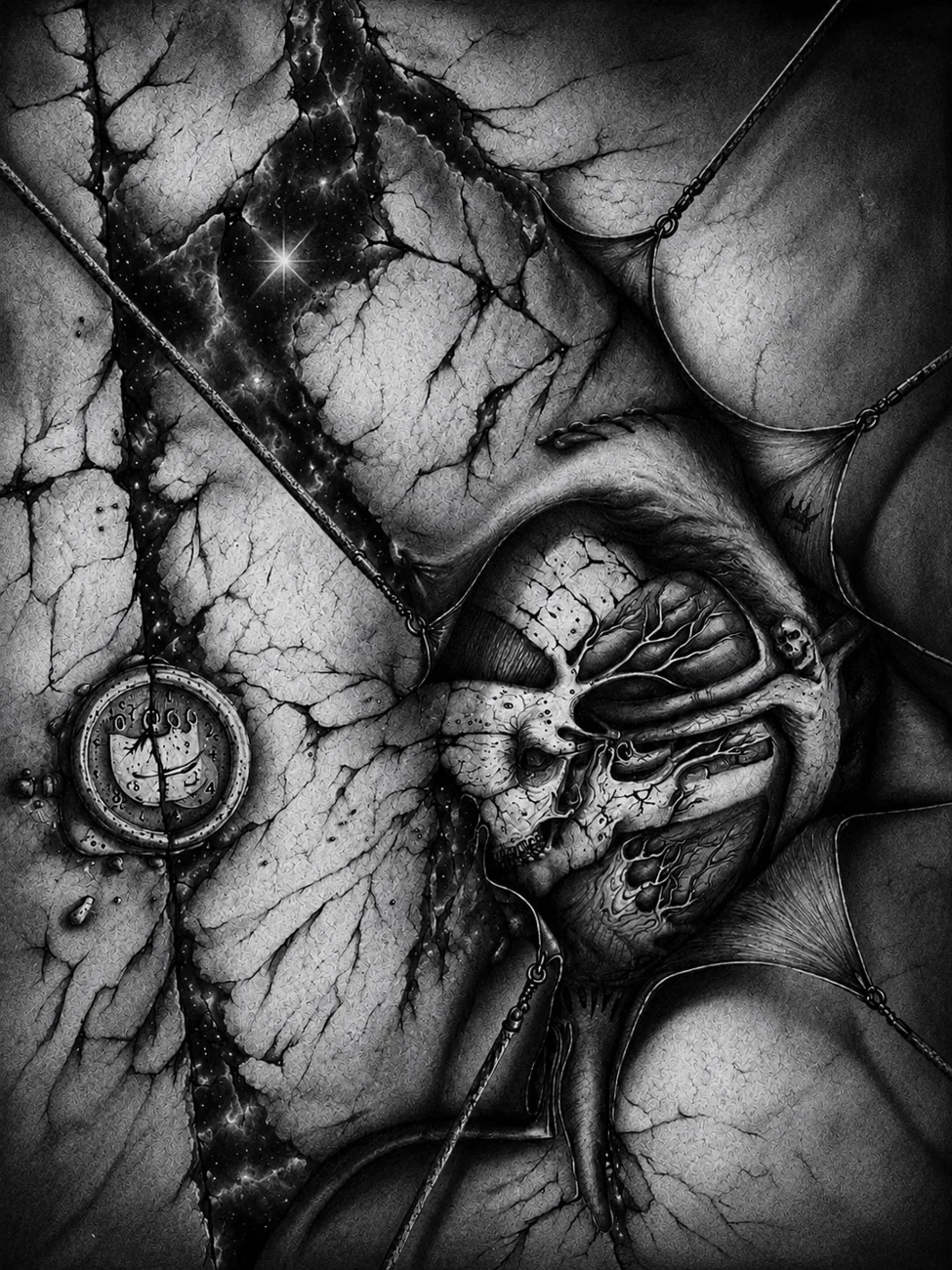 Monochrome visual-development illustration with decayed anatomy and mechanical forms