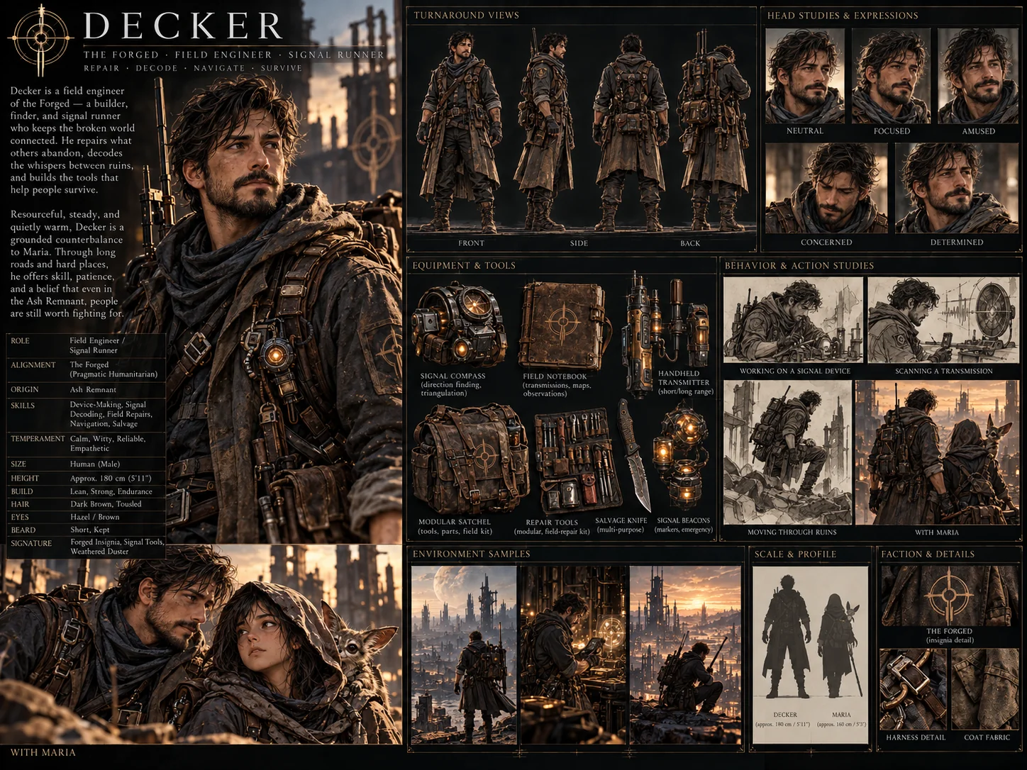 Decker character design board with turnaround poses, expressions, field equipment and illustrated scenes