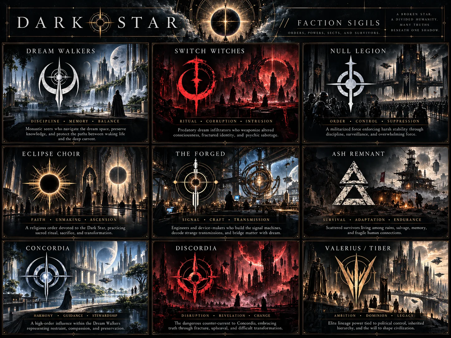 Nine-panel illustrated faction sigil board showing contrasting groups, emblems, environments and visual identities