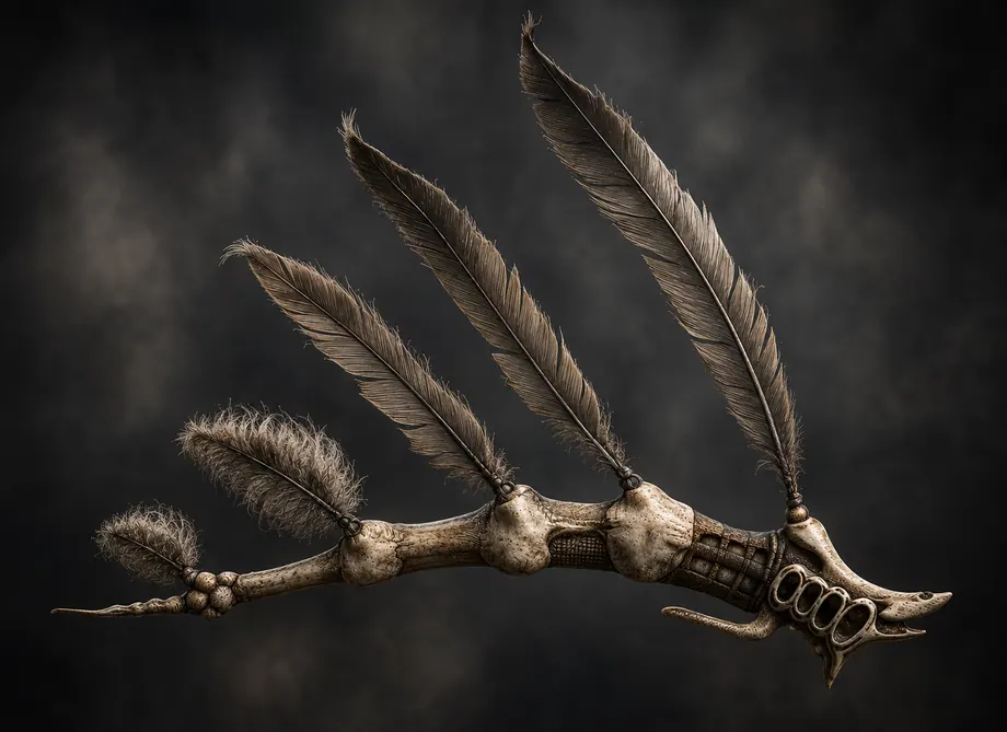 Feather-tipped bone object against a dark studio backdrop