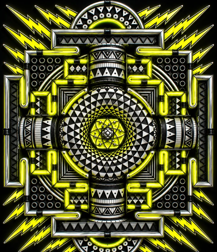 Electric yellow and chrome geometric mandala with radial symmetry