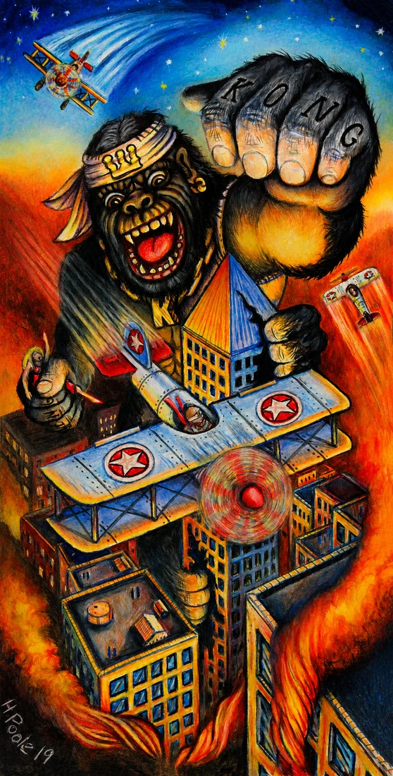 Colorful illustrated King Kong parody above a city, vintage airplanes, and flames