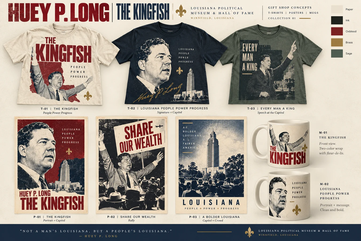 Heritage Kingfish merchandise moodboard with vintage-color T-shirts, posters and mugs featuring Huey Long and the Louisiana State Capitol.