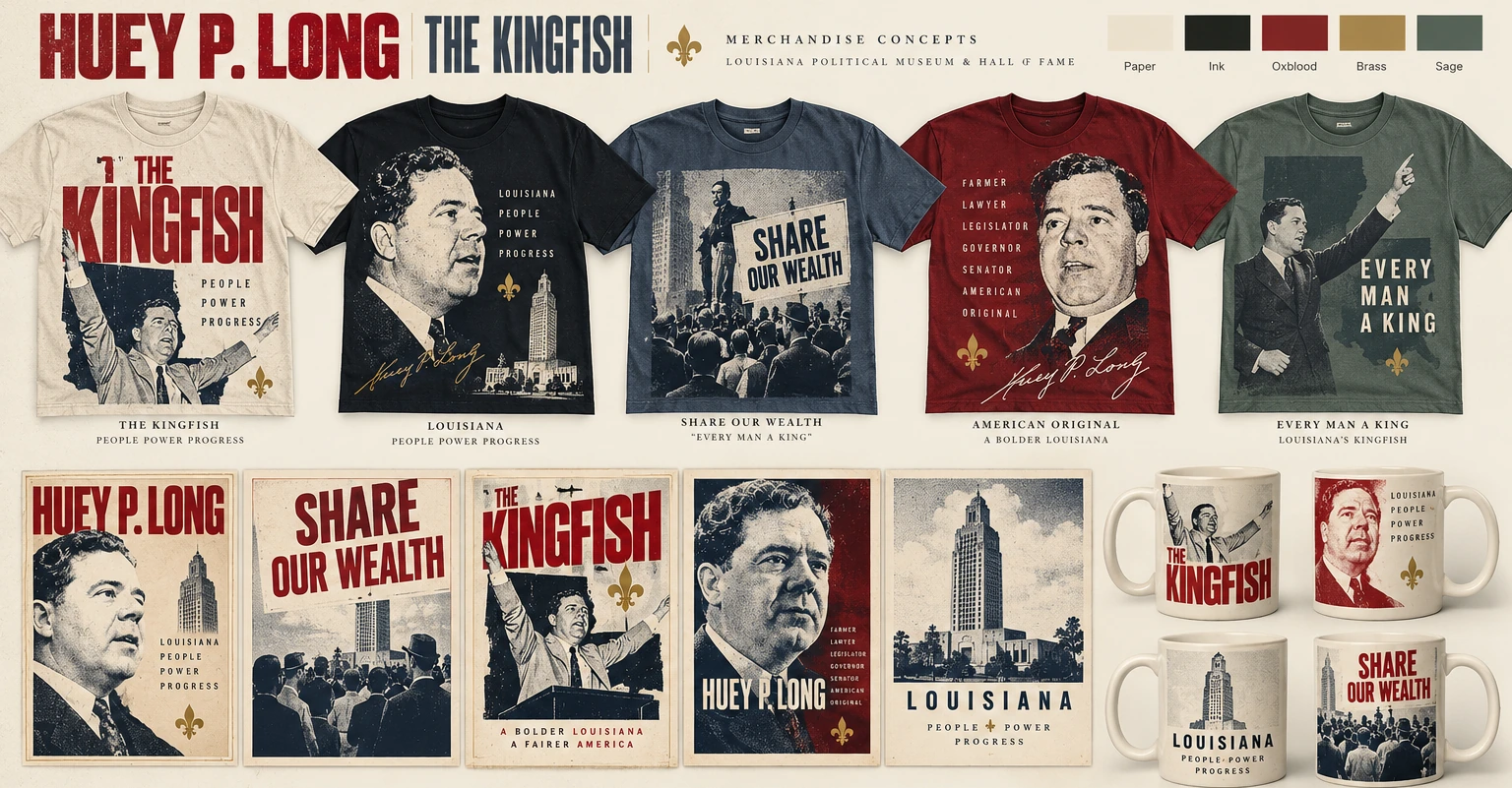 Kingfish merchandise concept board with five T-shirt treatments, five poster designs, mugs, and a color palette; artwork is a speculative design study.