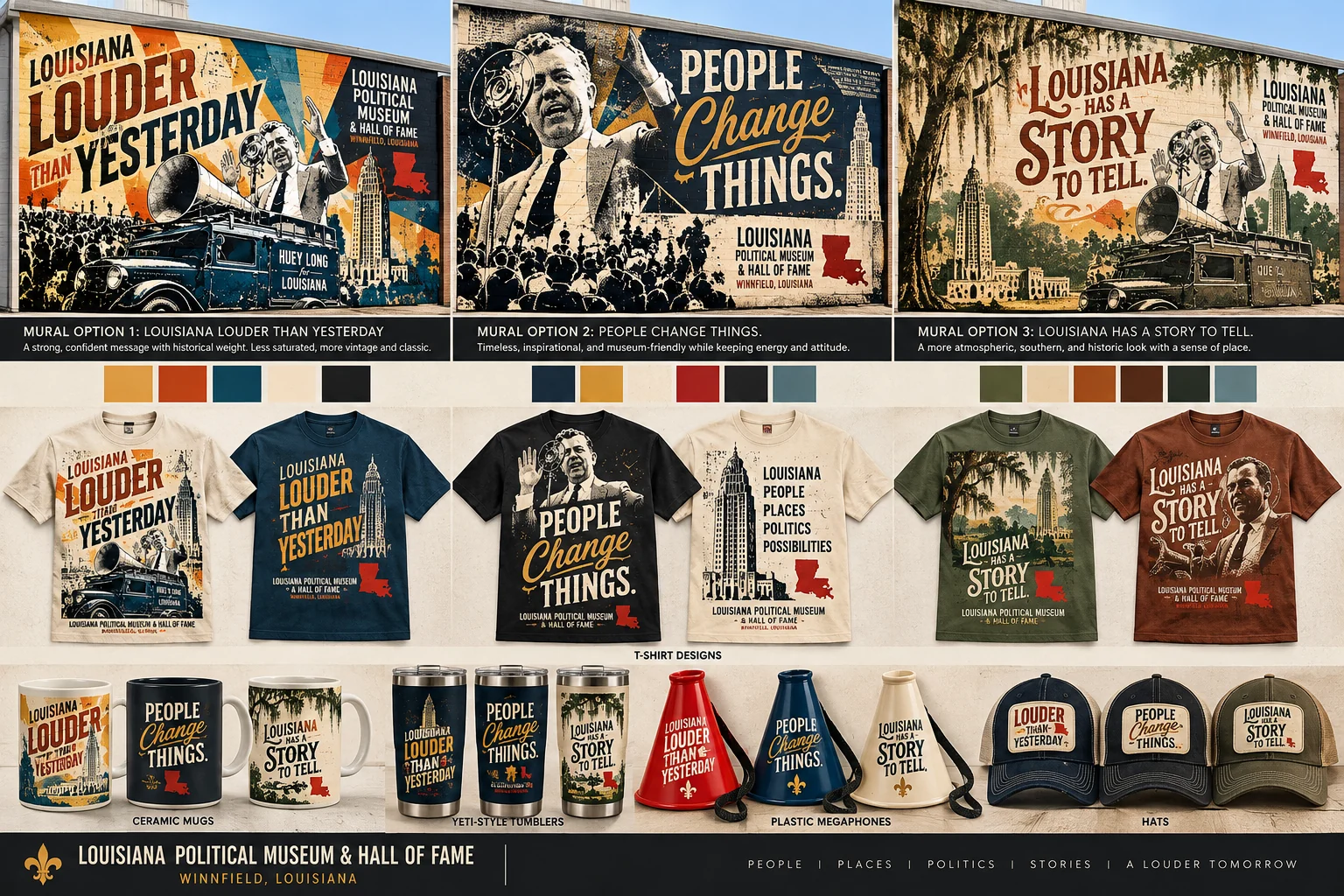 Concept board displaying three alternate Louisiana heritage mural treatments and their related shirts, mugs and promotional objects.