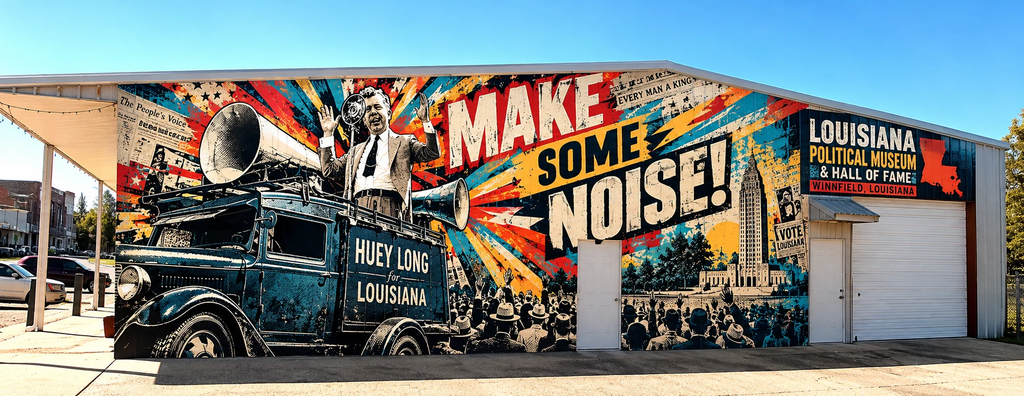 Speculative mural mockup covering the exterior of a building with an energetic Huey Long megaphone illustration and the large words MAKE SOME NOISE; not an actual installation.