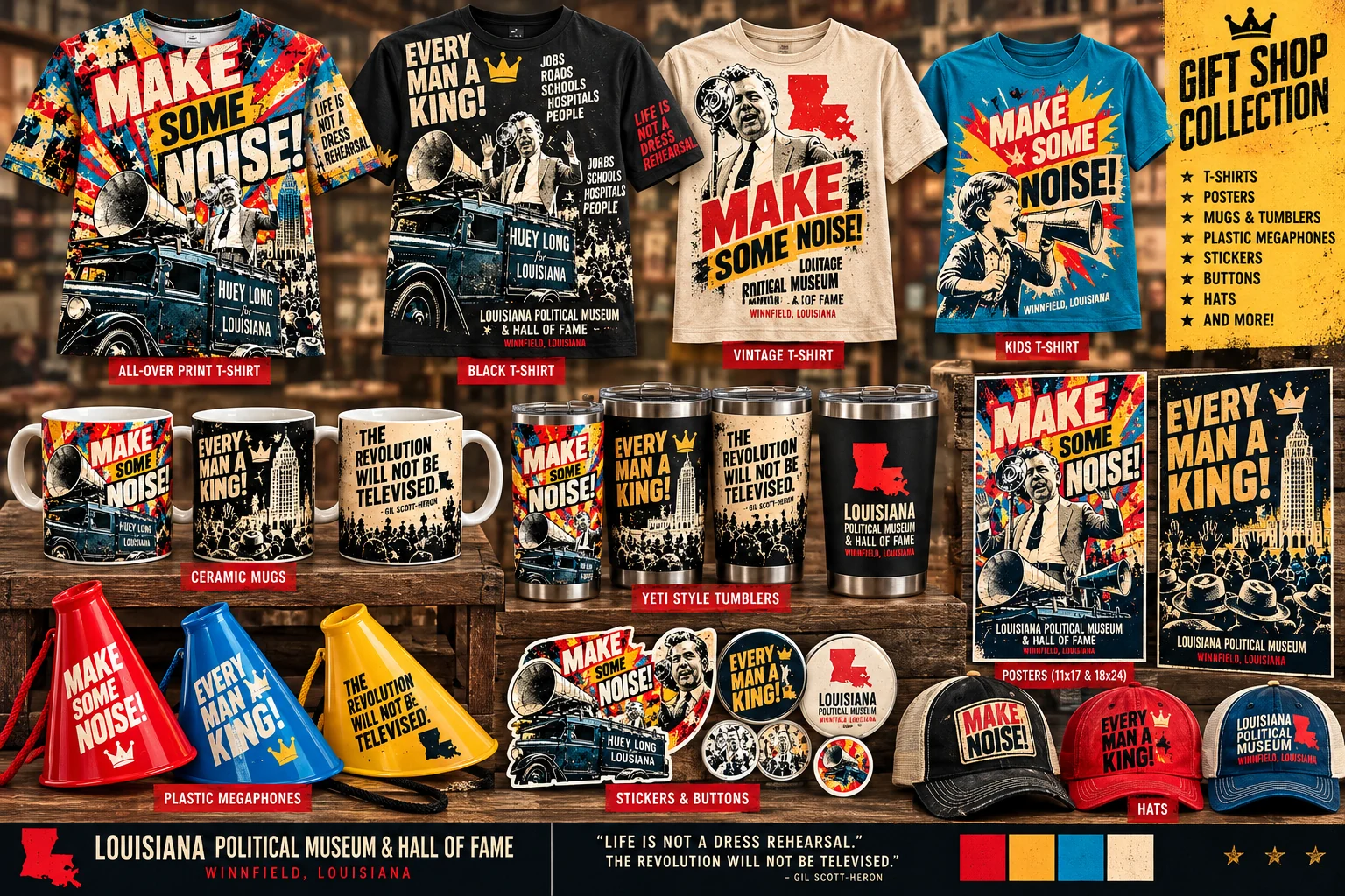 Bold pop-art merchandise concepts including graphic T-shirts, mugs, tumblers, novelty megaphones, buttons, hats, and posters.