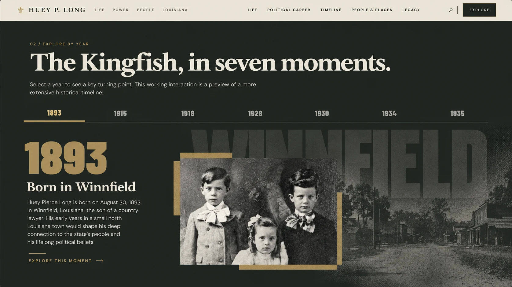 Screenshot of working seven-event timeline with 1893 selected, titled Born in Winnfield, with historical images and graphic display of the date.