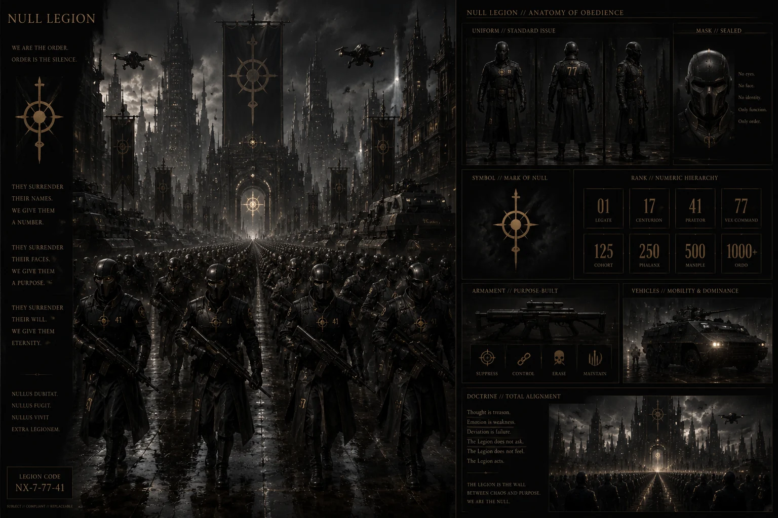 Null Legion world-building dossier showing marching uniformed soldiers, symbols, military equipment and an authoritarian city