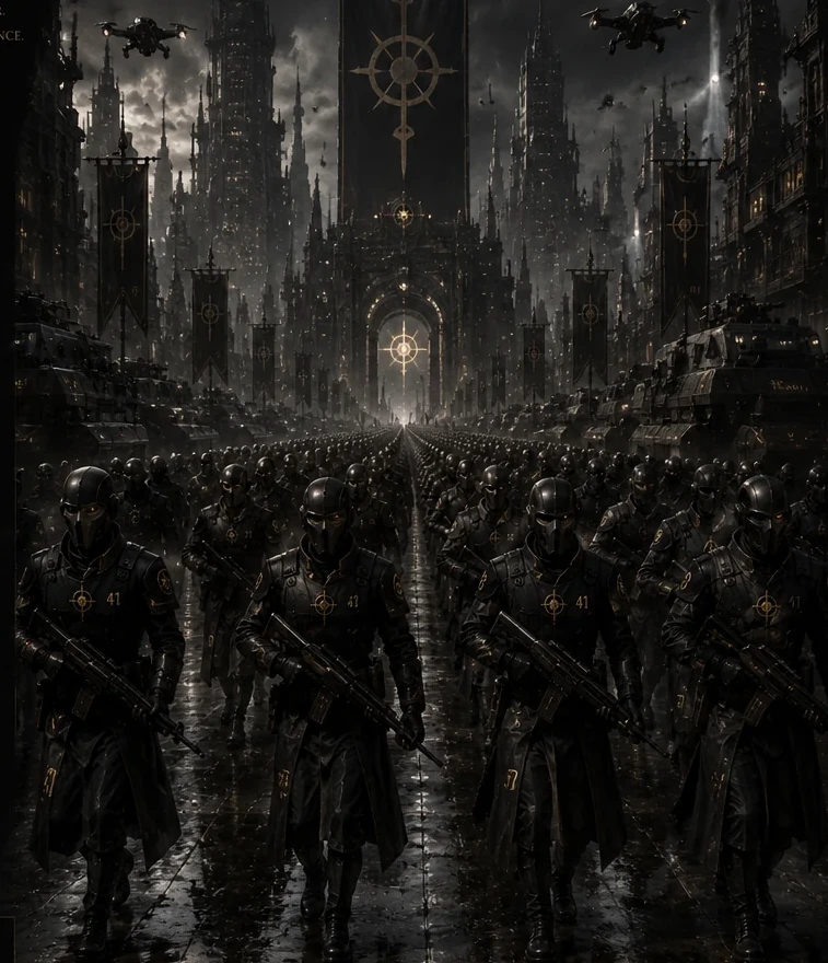 Columns of dark-armored Null Legion soldiers marching through their ruined imperial city