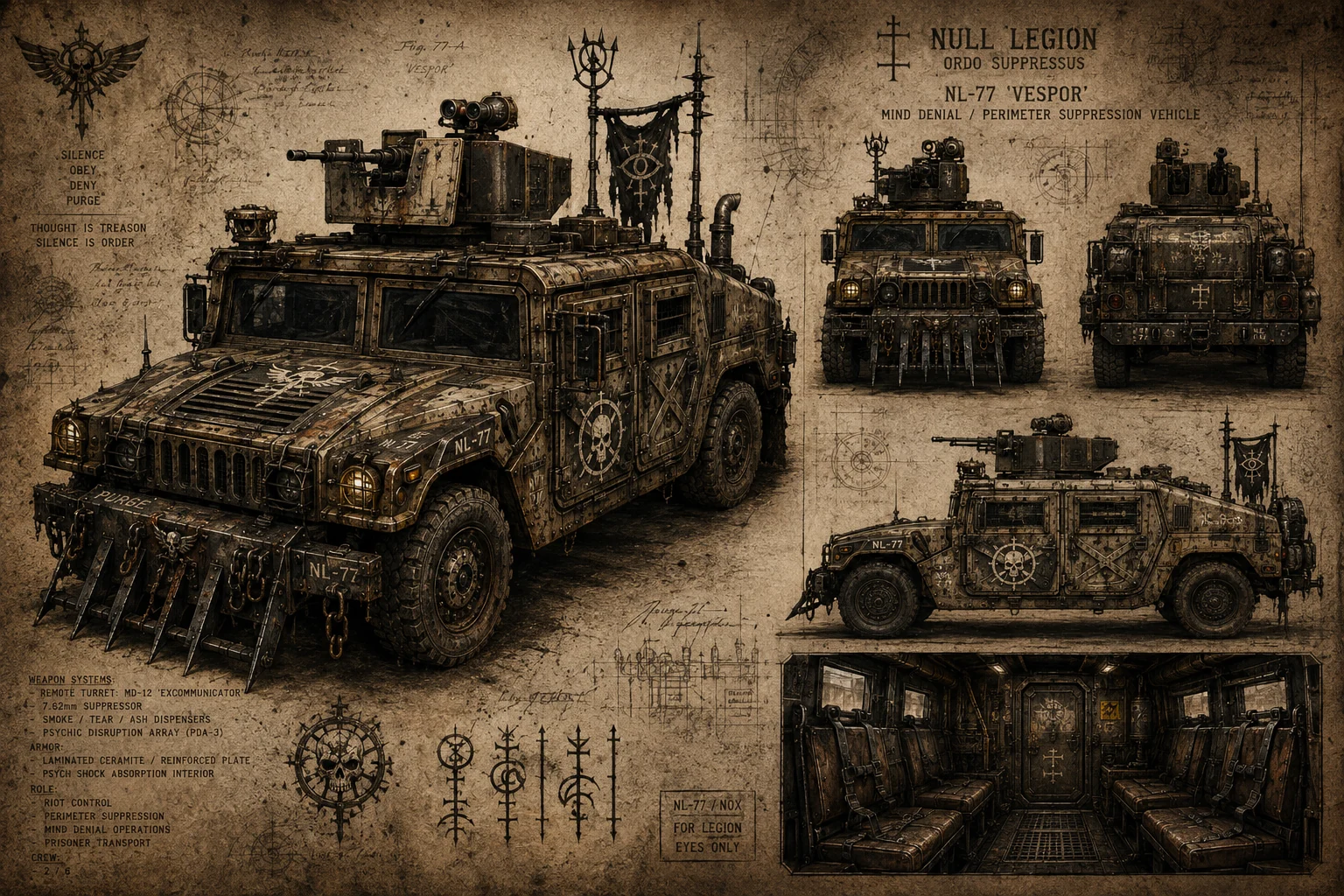 A distressed sepia dossier showing front, rear and side studies of a heavily armored Null Legion vehicle