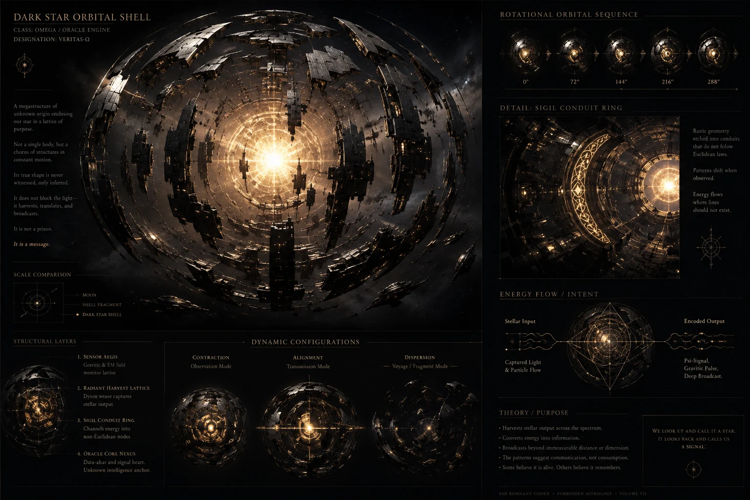 Technical concept-art sheet illustrating a luminous nested orbital megastructure and its configurations