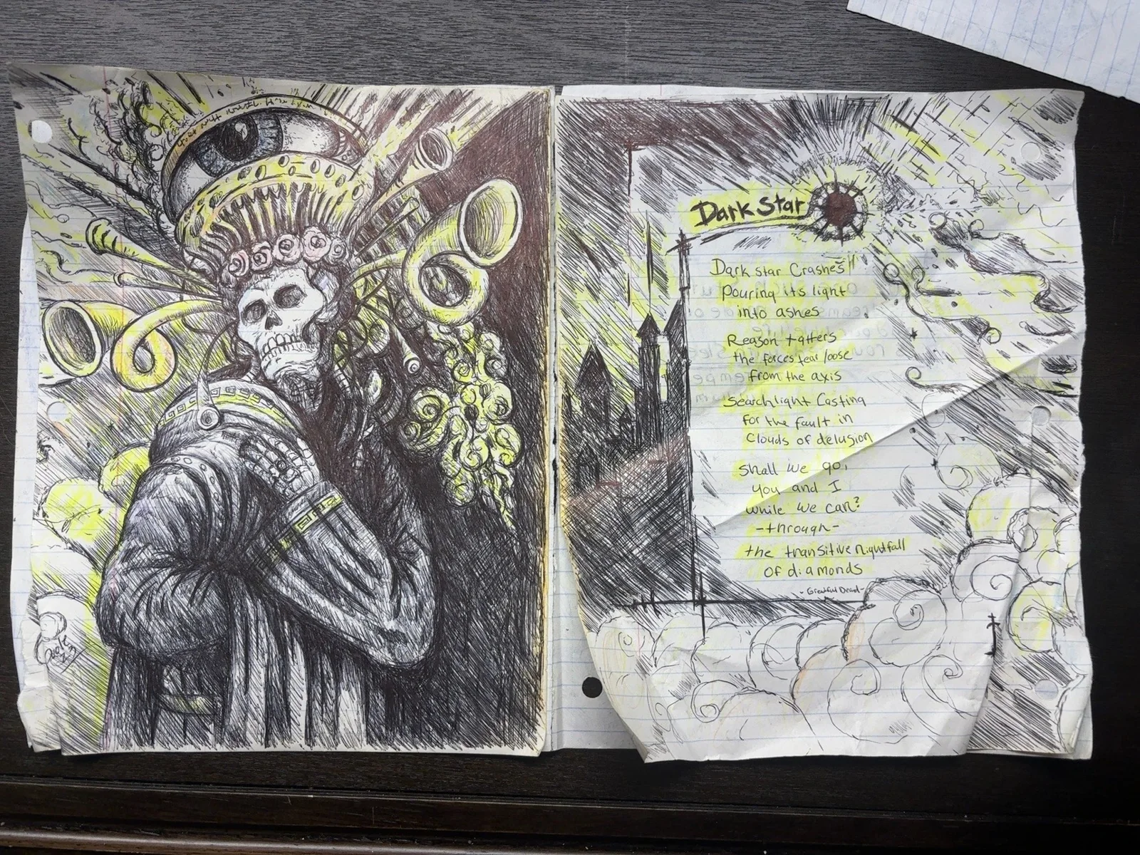 Original notebook spread with a Dark Star skeleton figure and handwritten notes
