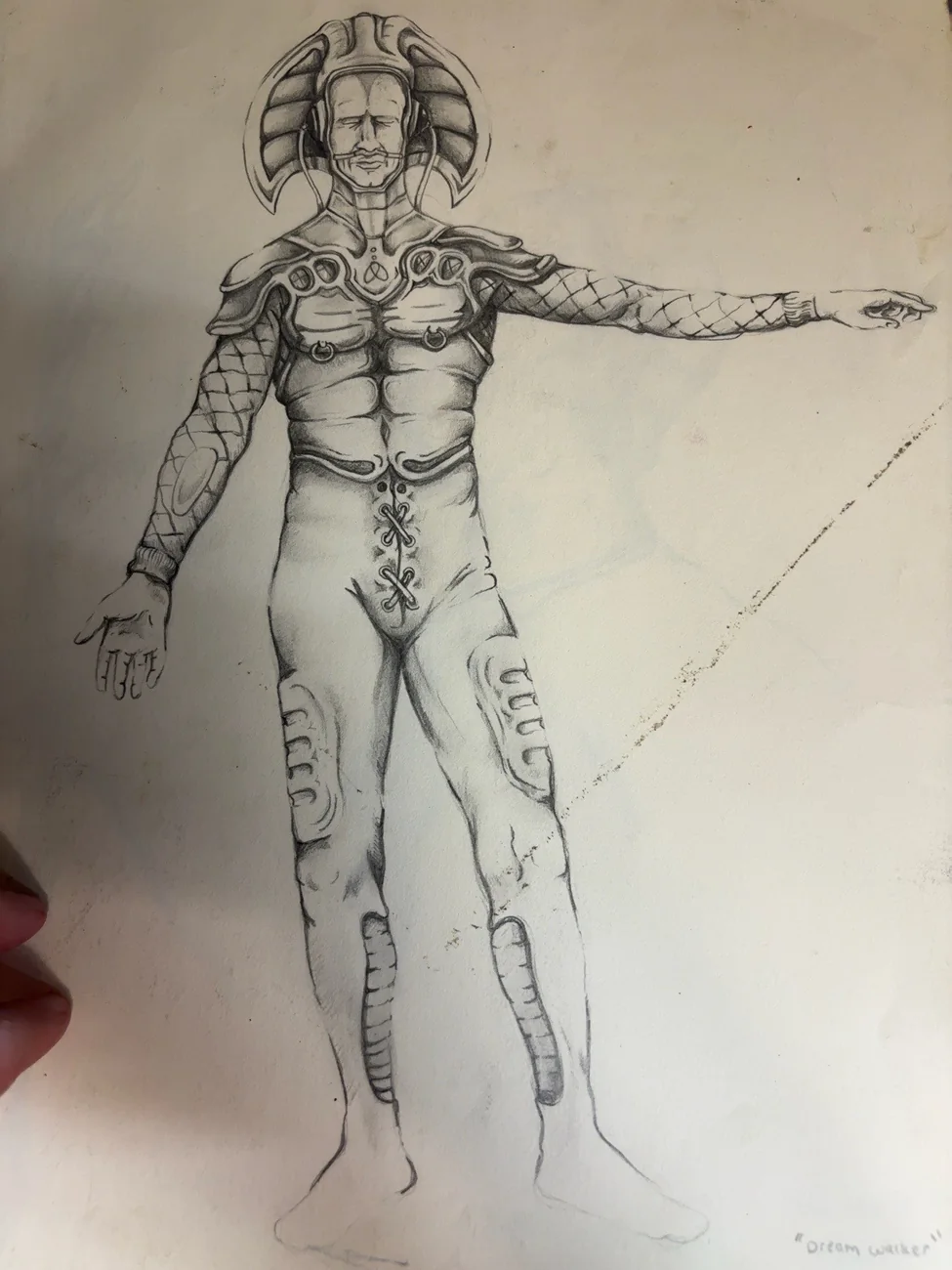 Original pencil drawing of a humanoid Dream Walker figure