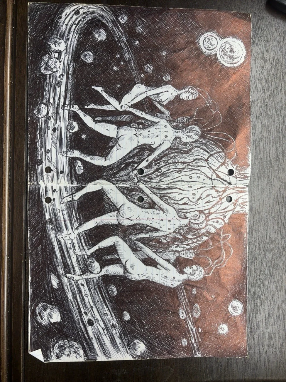 Hand-drawn original illustration featuring a cosmic procession