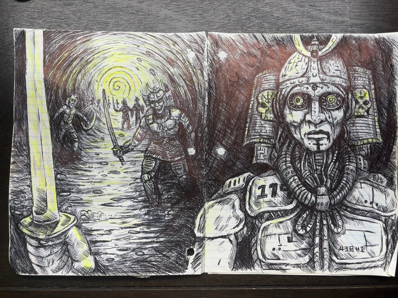 Original ink illustration depicting guards, a passage, and yellow highlighted light