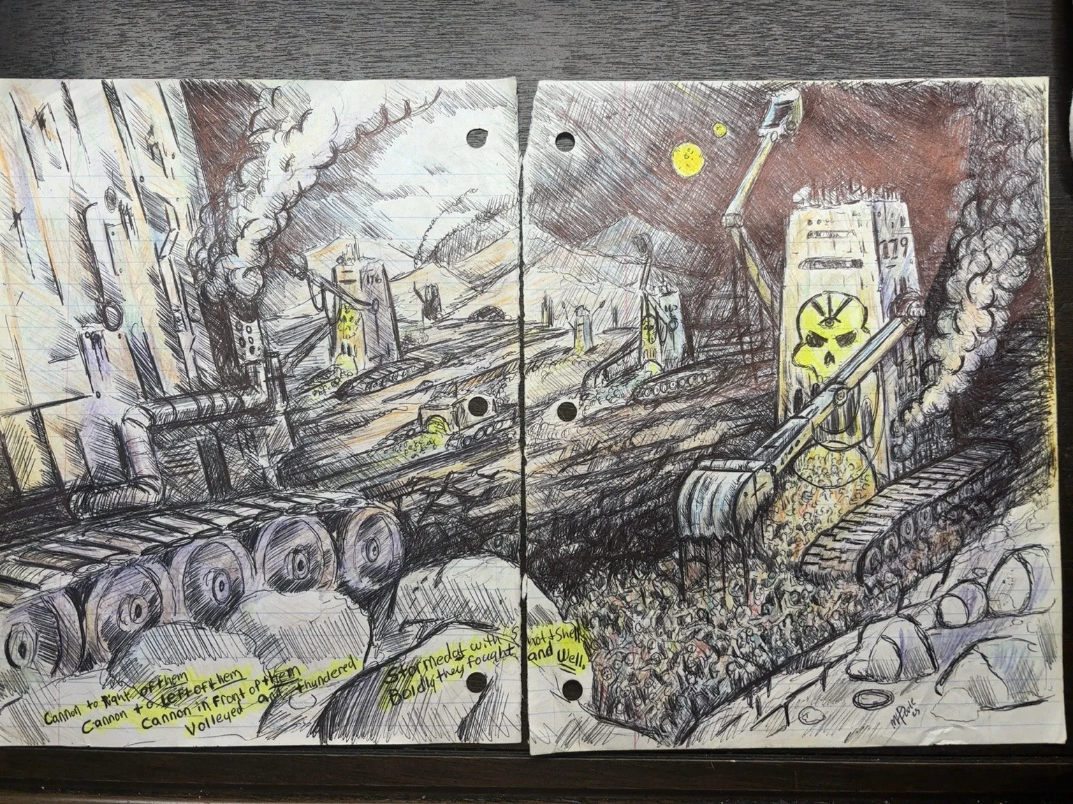 Original hand-drawn notebook depicting futuristic war machines and wreckage