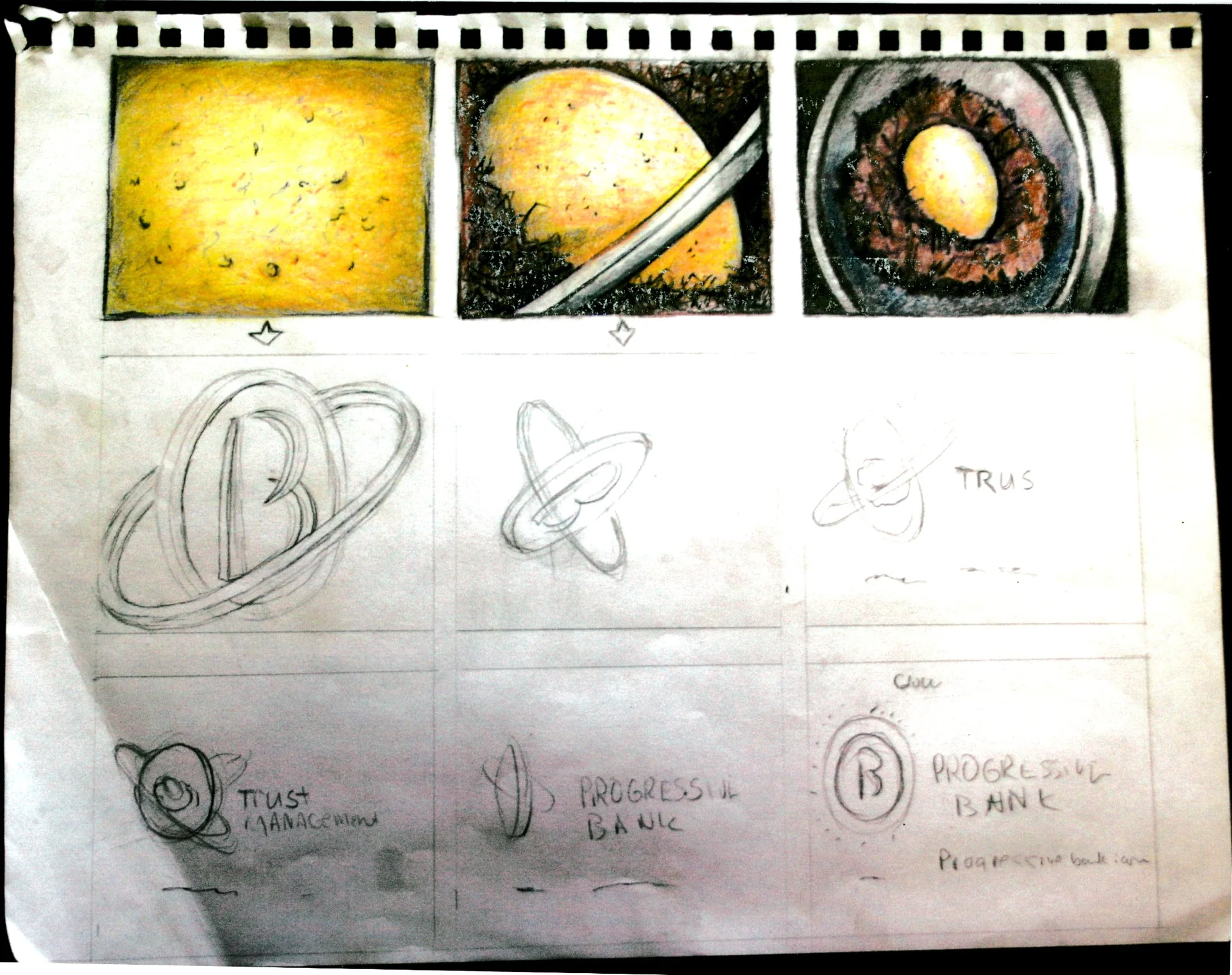 Original photographed Progressive Bank concept sheet: three hand-colored gold egg and circular-image frames above pencil drawings of ringed bank symbols and handwritten service notes.