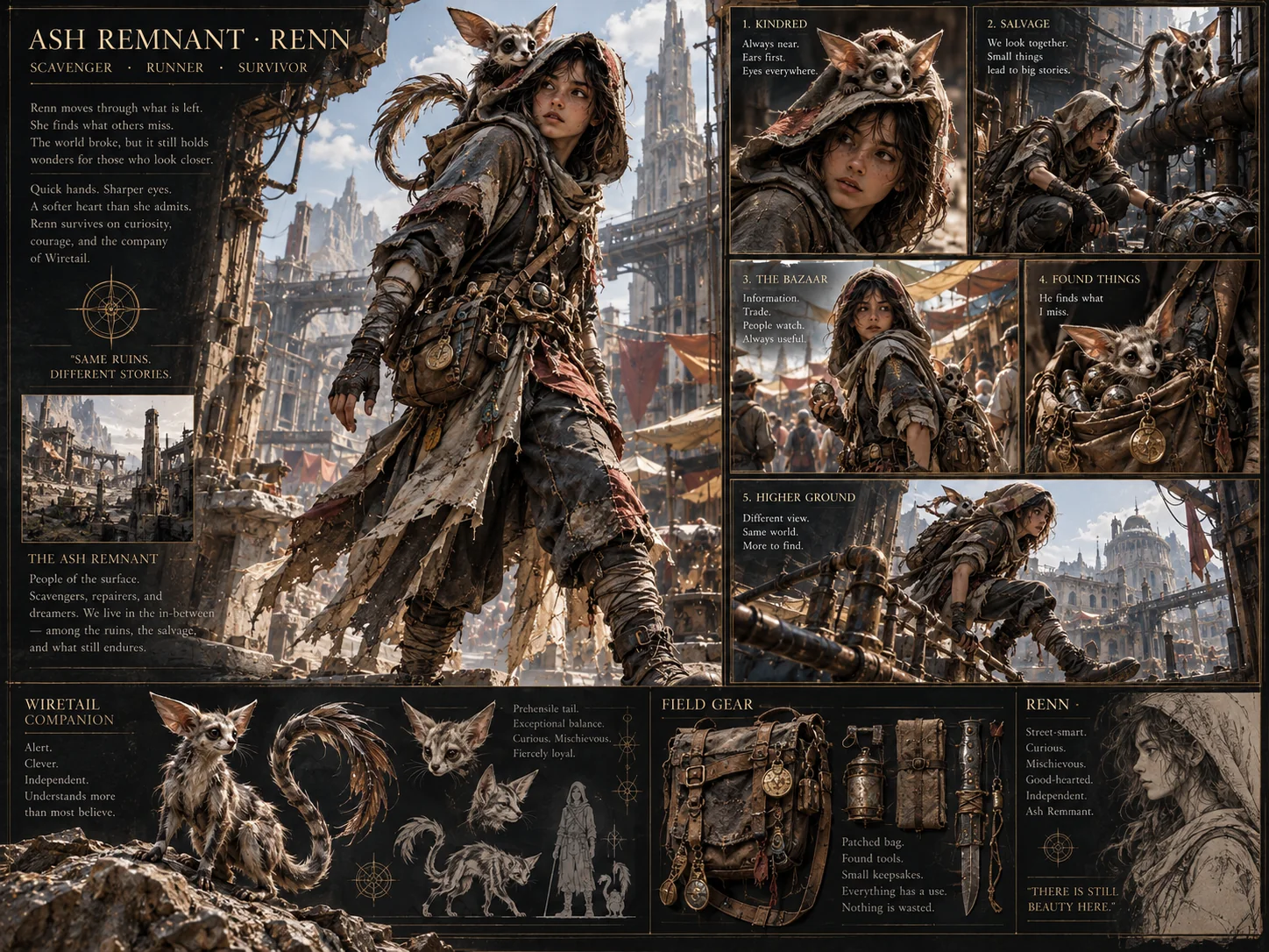 Ash Remnant story board featuring Renn among ruined buildings with her small companion Wiretail, plus vignette studies