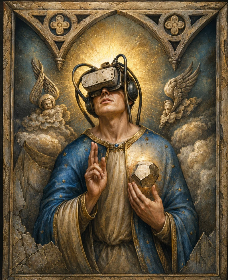 A richly painted faux-medieval saint wearing a virtual-reality visor, framed by angels and gold Gothic details