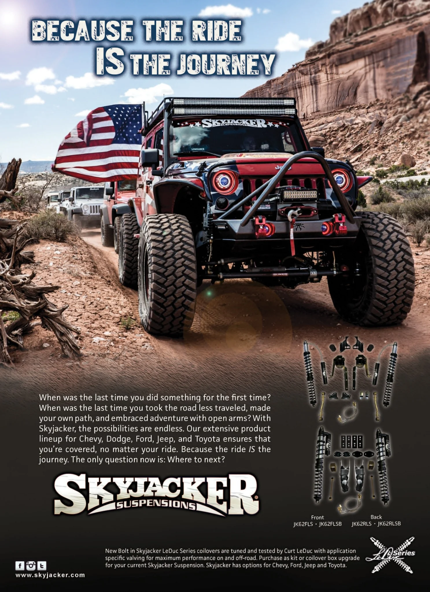 Skyjacker Because the Ride Is the Journey campaign advertisement showing a Jeep with American flag in the desert