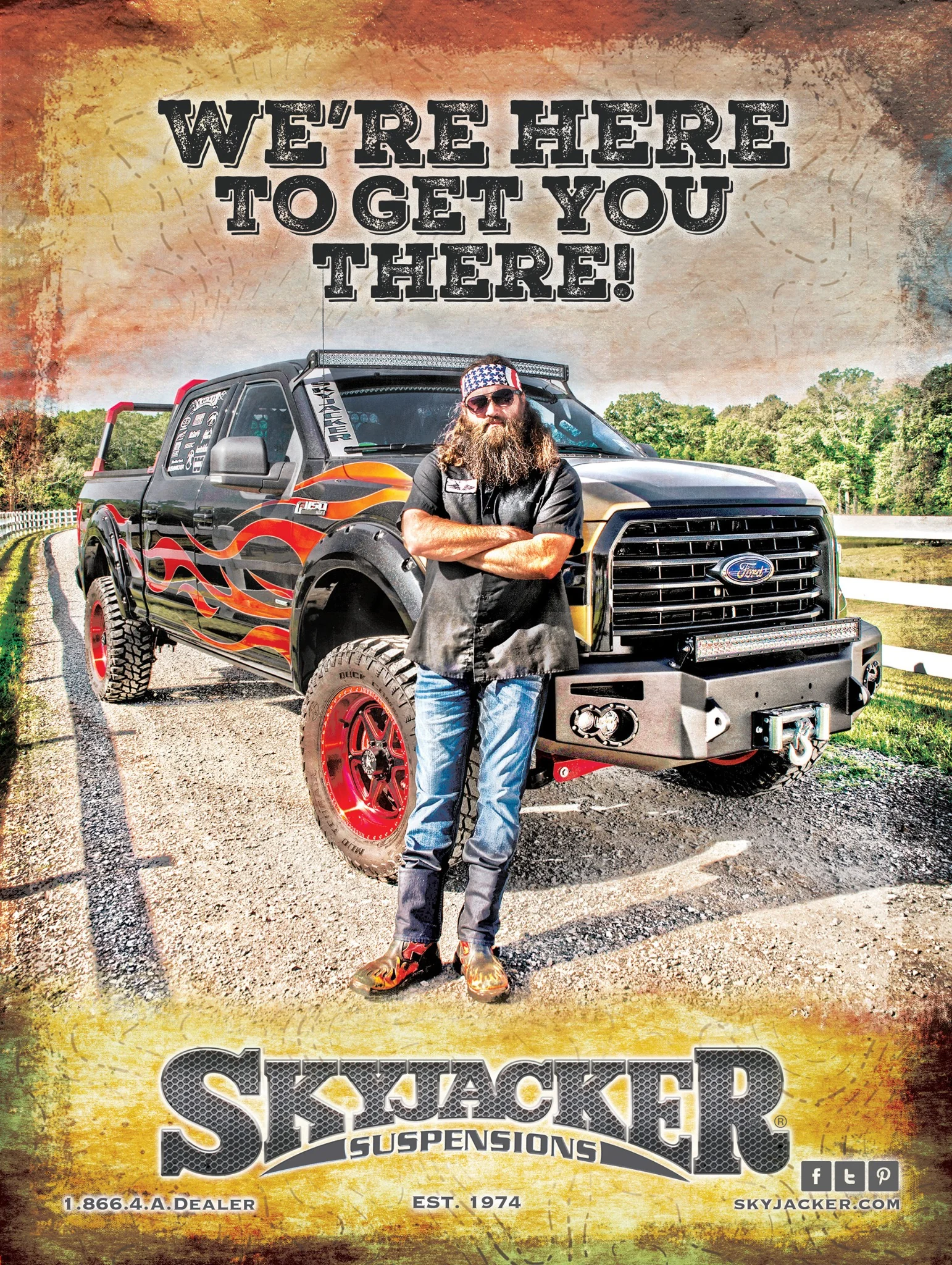 We're Here to Get You There Skyjacker print ad with truck and bearded man
