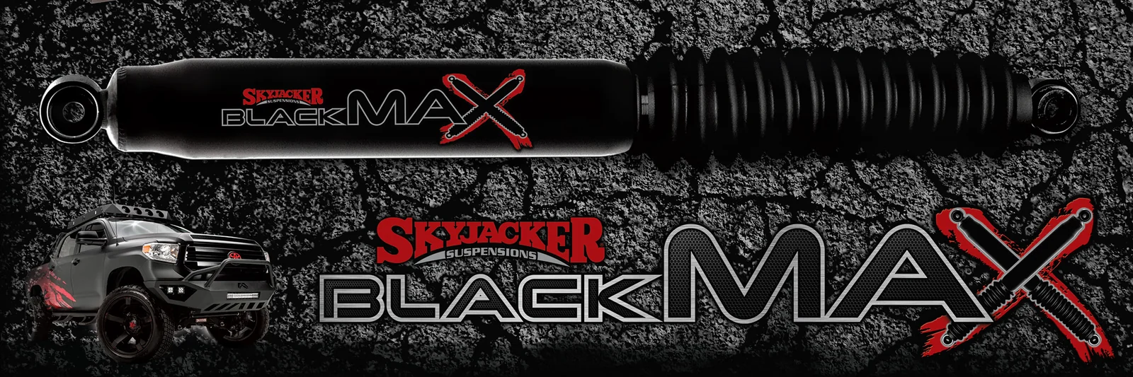 BLACK MAX shock absorber with Skyjacker product wordmark on a rough dark background