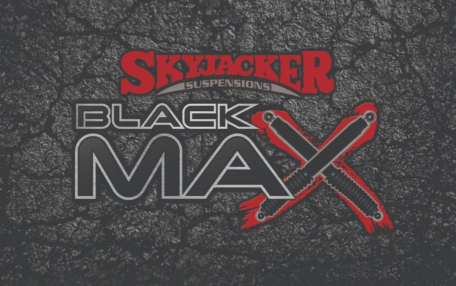 Skyjacker BLACK MAX branding with shocks integrated into the X letterform