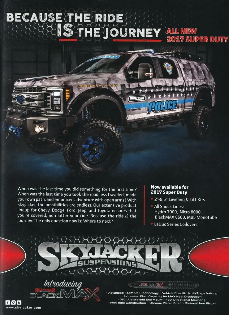 Skyjacker Black MAX Super Duty magazine ad with custom gray Ford truck and product details