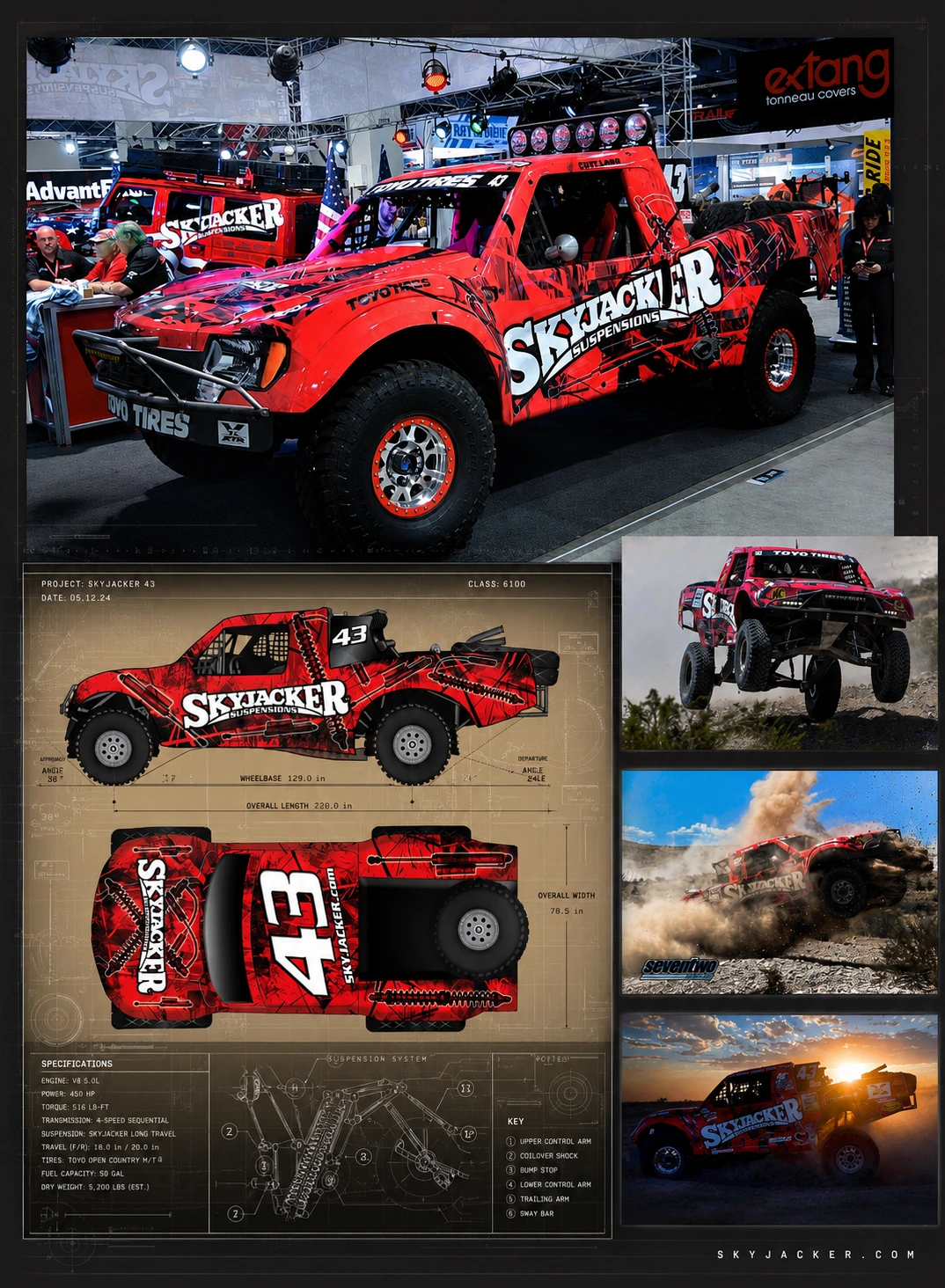Skyjacker Curt LeDuc number 43 art direction presentation: completed red and black SEMA race truck, vehicle wrap side and top views, and three racing photographs