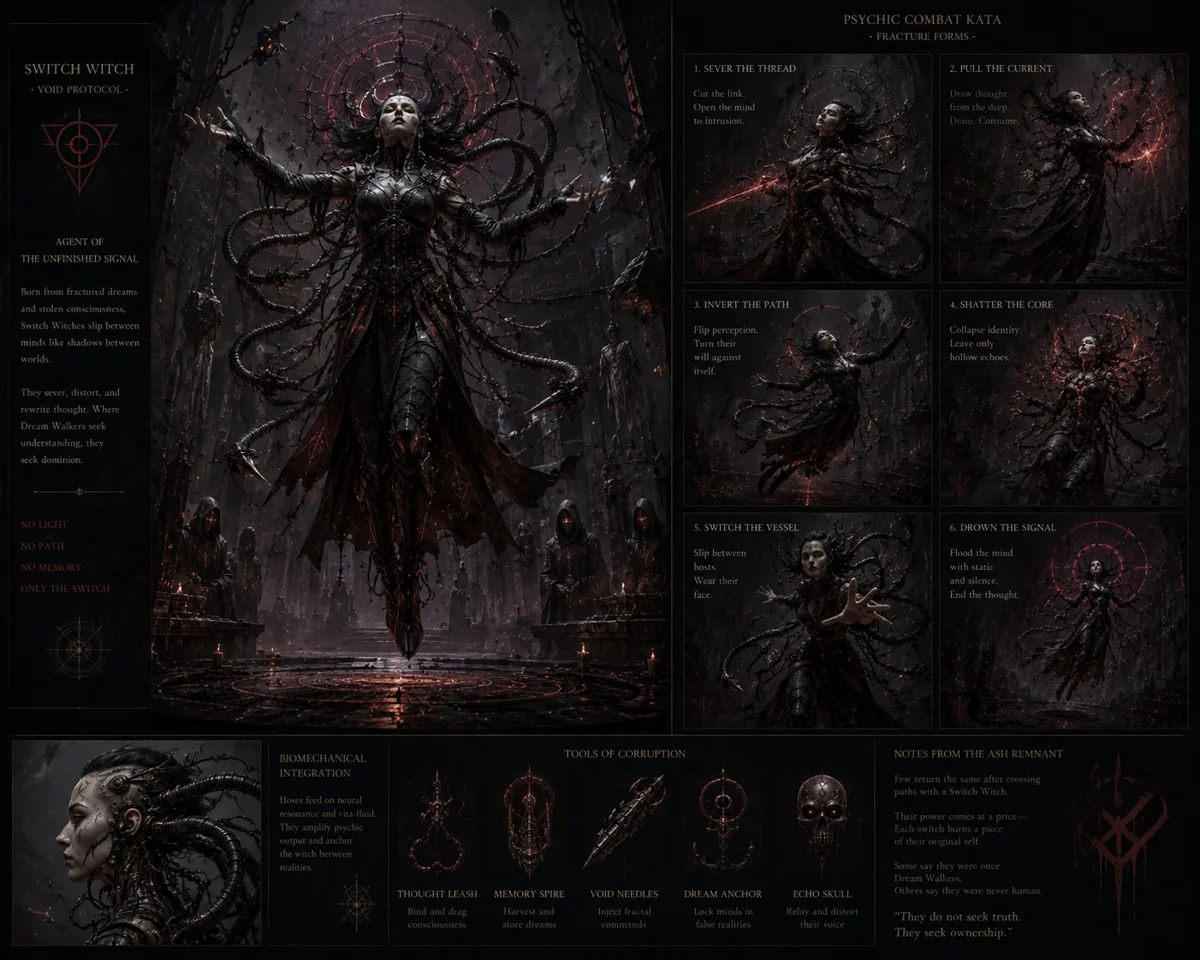 Switch Witch Void Protocol visual-development sheet with dark ritual figure and sequential studies