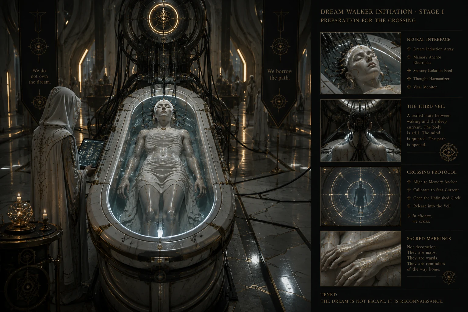 Landscape initiation dossier of a white-robed figure lying within a mechanical ceremonial chamber with explanatory panels