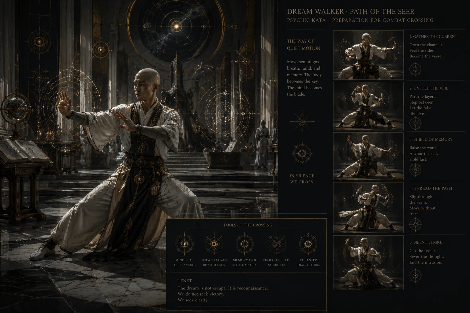 Landscape concept-design board showing a Dream Walker performing a sequence of measured psychic-kata movements