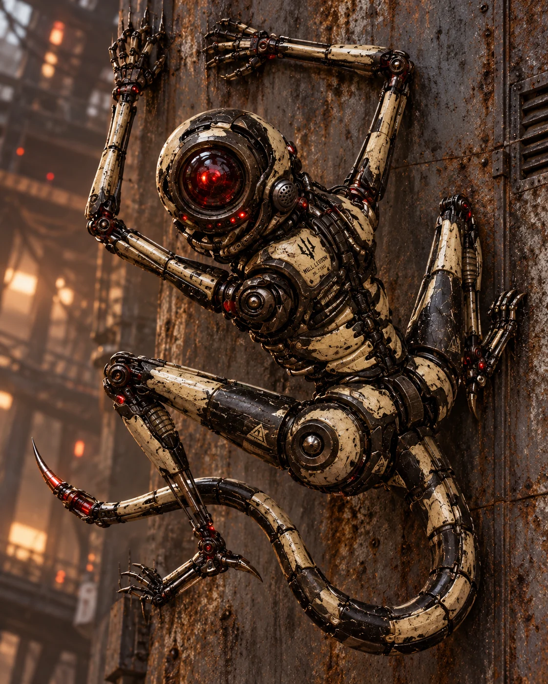 Mechanical multi-legged drone clinging to a worn industrial wall, its central lens glowing red