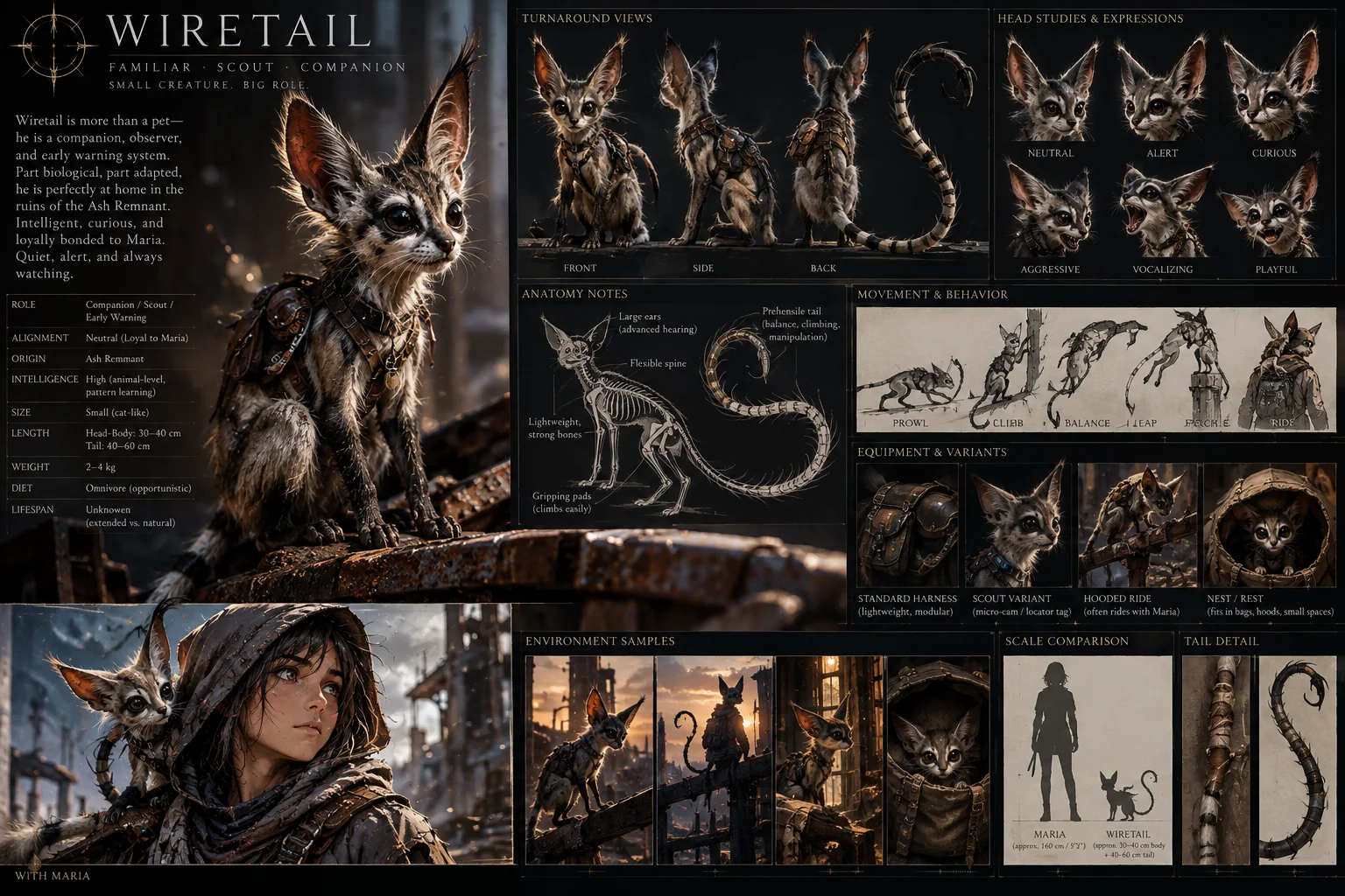 Wiretail design sheet with large creature portrait, movement sketches, anatomy notes and expression studies
