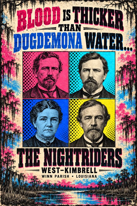 Vibrant Nightriders concept poster with four-color historical-looking faces, bright blue and pink lettering, and southern landscape