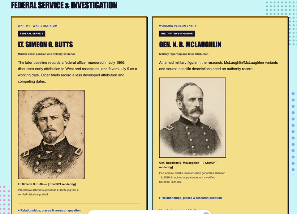 Two yellow archive dossier panels labeled Lieutenant Simeon G. Butts and General N. B. McLaughlin