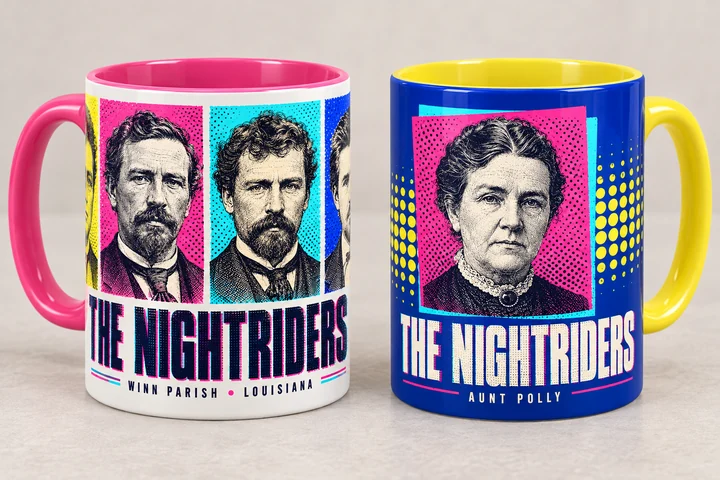 A pink-handled Nightriders mug and a blue Aunt Polly mug, shown as design mockups