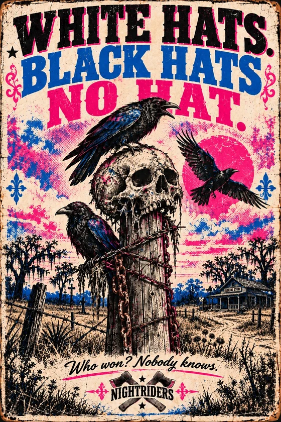 White Hats Black Hats No Hat distressed poster with raven and skull imagery