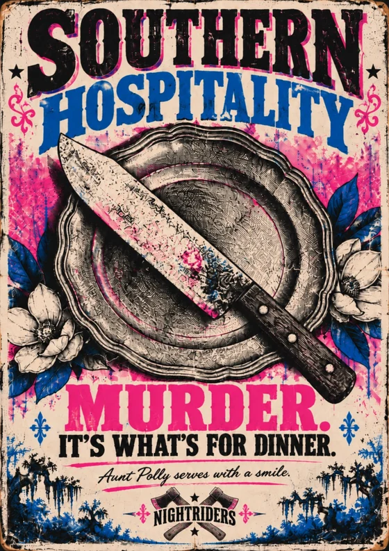 Bright distressed Southern Hospitality Murder poster with serving platter and knife