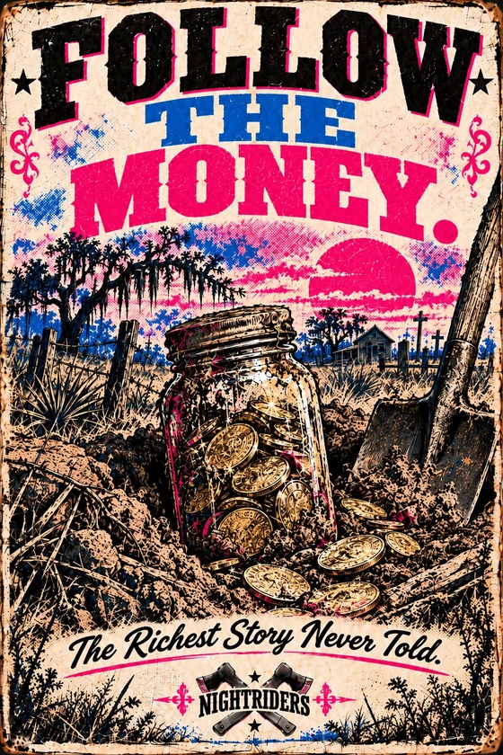 Follow the Money poster with mason jar of coins and shovel beneath hot-pink sky