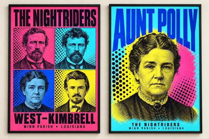 Two framed Nightriders concept posters: four-person pop-art collage and cyan Aunt Polly portrait