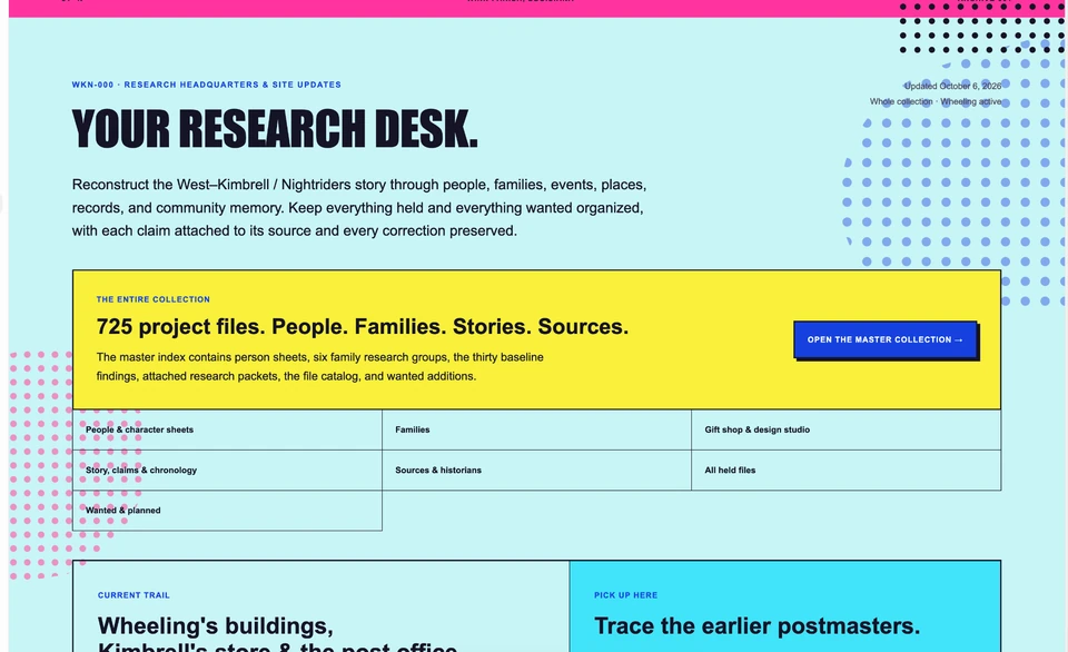 Pale-cyan archive website showing the headline Your Research Desk and a vivid yellow project-index block